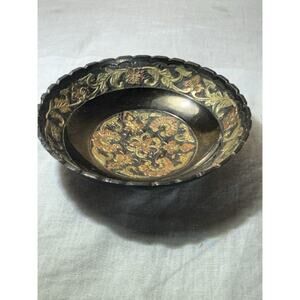 Vintage Toledo Spain Damascene Small Inlaid Gold Footed Trinket Dish 4”